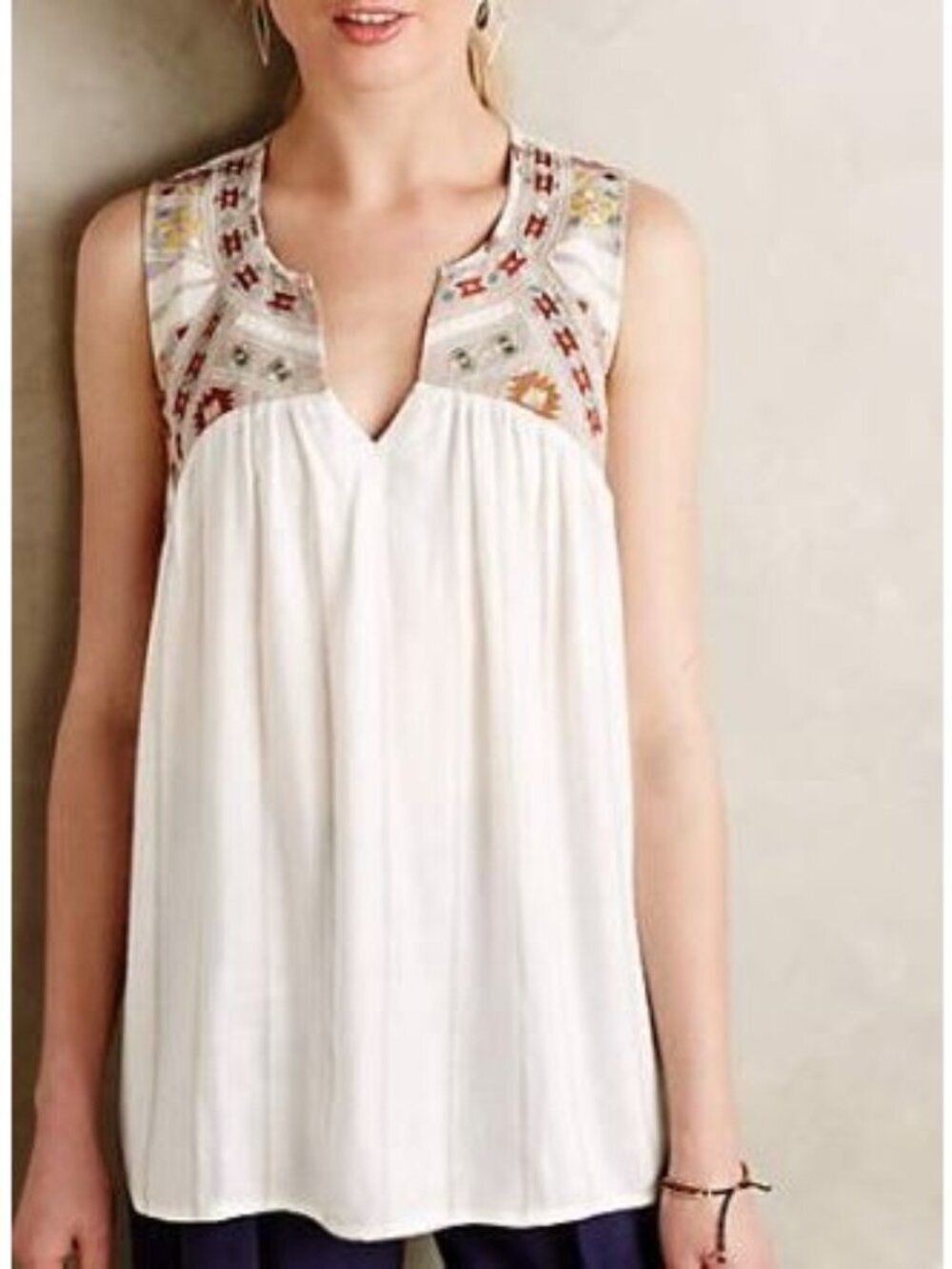 Anthropologie One September Tunic Top Women's Embroidered Rayon Small Boho Shirt
